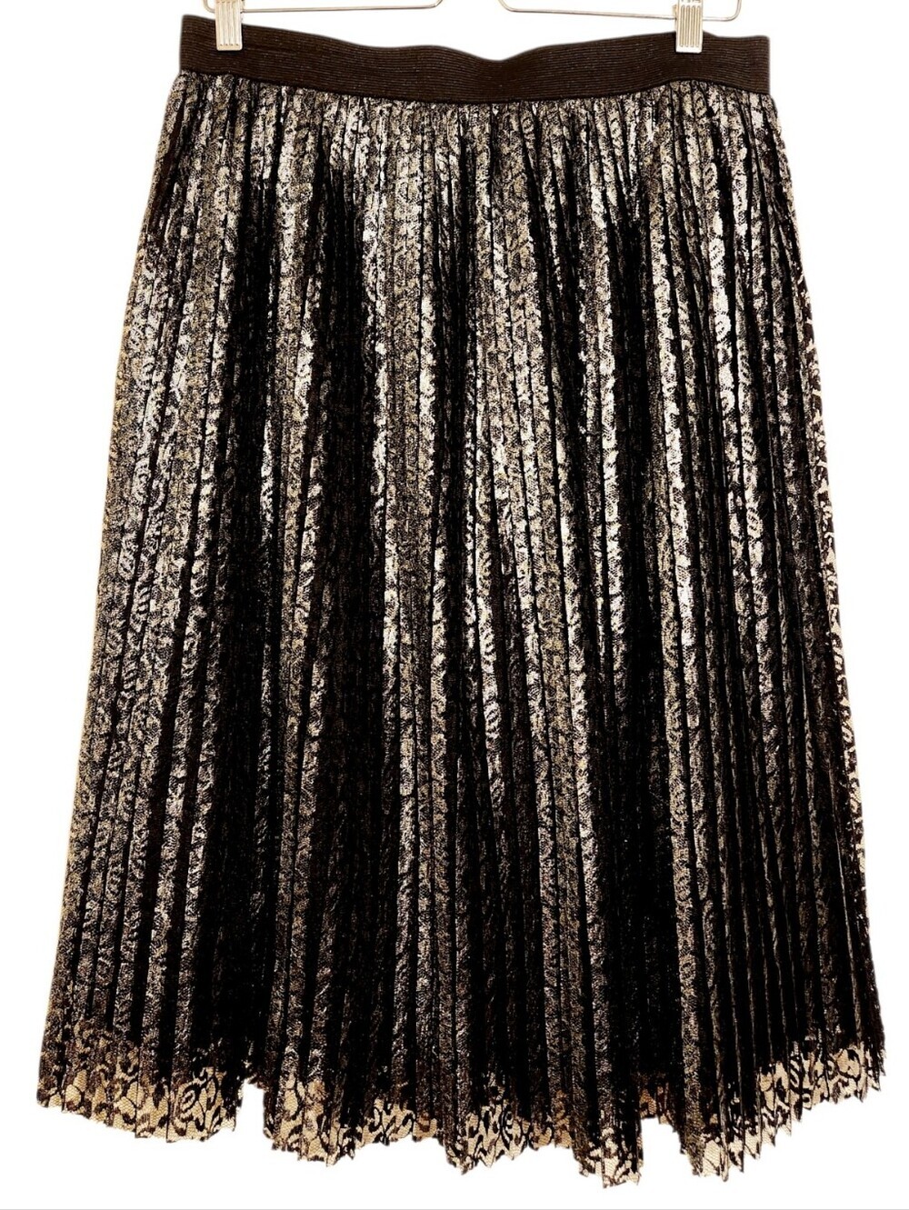 Eloquii | Women’s Silver Pleated Black & Silver Lace Midi Length Skirt (Size 14)